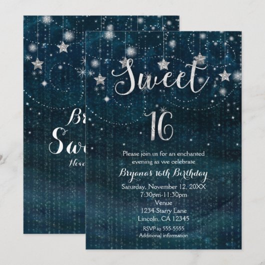 Sweet 16 Sterrennacht Silver & Blue Invitation Kaart (Voorkant / Achterkant)