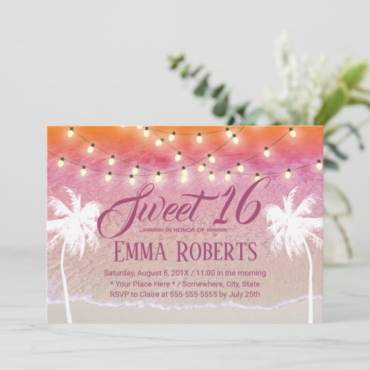 Sweet 16 String Licht Roze Beach Palm Trees Kaart (Staand voorkant)