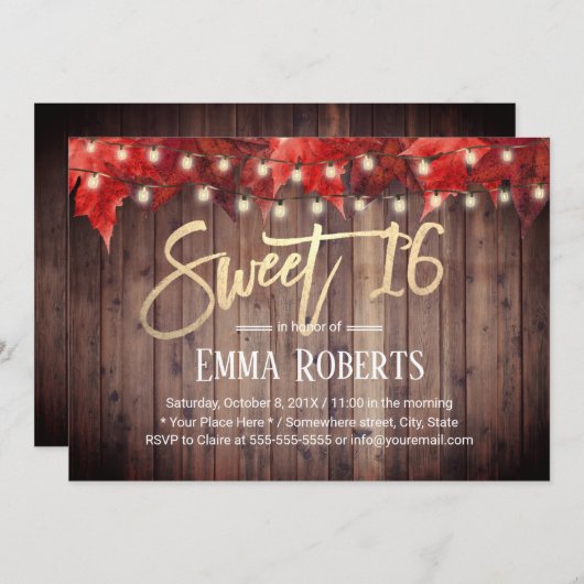 Sweet 16 String Lights Autumn Leaves Birthday Kaart (Voorkant / Achterkant)