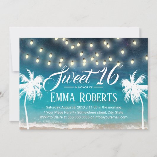 Sweet 16 String Lights Summer Beach Palm Trees Kaart (Voorkant)