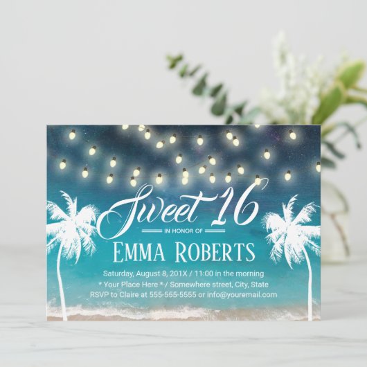 Sweet 16 String Lights Summer Beach Palm Trees Kaart (Staand voorkant)