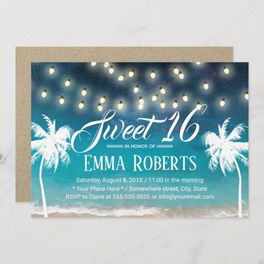 Sweet 16 String Lights Summer Beach Palm Trees Kaart (Voorkant / Achterkant)