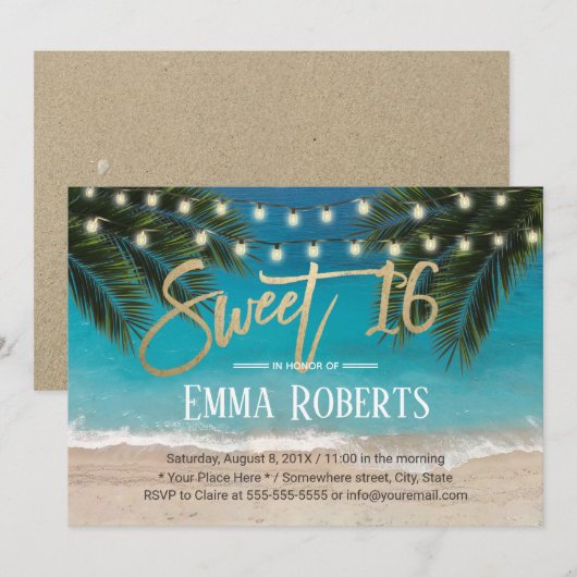 Sweet 16 String Lights Tropisch strand Kaart (Voorkant / Achterkant)