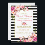 Sweet 16 Striped Floral Pink Gold Kaart<br><div class="desc">Zoete 16 Birthday Striped Pink Floral Gold Invitation Kaart - Black and White Stripes</div>