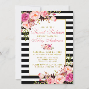 Sweet 16 Striped Floral Pink Gold Kaart
