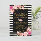 Sweet 16 Striped Pink Floral Gold Kaart (Staand voorkant)