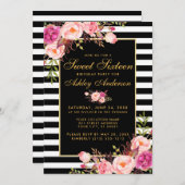 Sweet 16 Striped Pink Floral Gold Kaart (Voorkant / Achterkant)