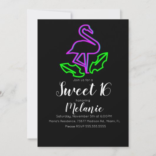 Sweet 16 Summer Neon Tropical Flamingo Glow Party Kaart (Voorkant)