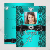 Sweet 16 Sweet Sixteen Blauwgroen zwarte foto Kaart (Voorkant / Achterkant)