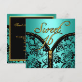 Sweet 16 Sweet Sixteen Damask Blauwgroen Blue Gold Kaart (Voorkant / Achterkant)