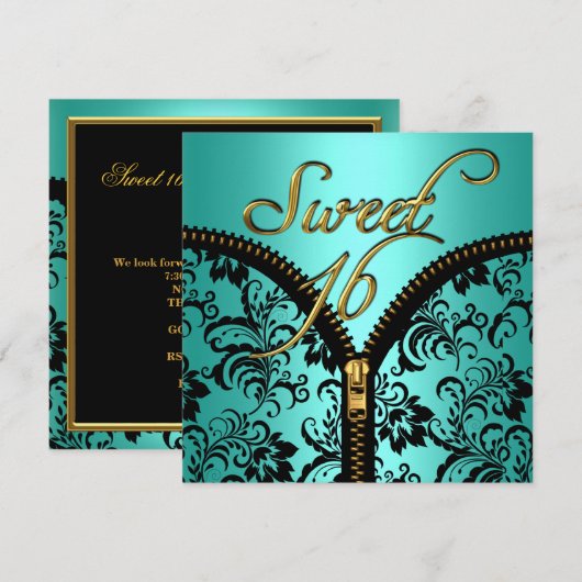 Sweet 16 Sweet Sixteen Damask Blauwgroen Blue Gold Kaart (Voorkant / Achterkant)
