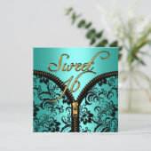 Sweet 16 Sweet Sixteen Damask Blauwgroen Blue Gold Kaart (Staand voorkant)