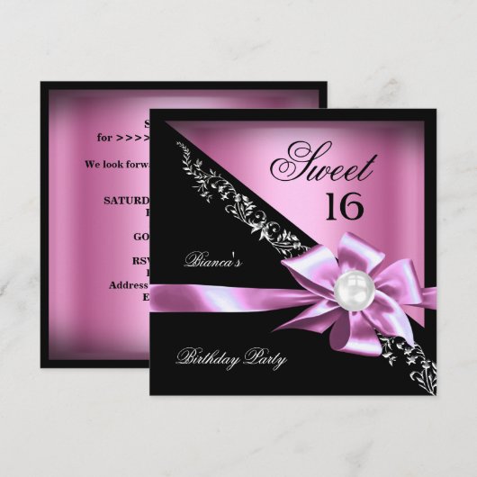 Sweet 16 Sweet Sixteen roze zwart Pearl Kaart (Voorkant / Achterkant)