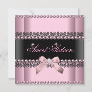 Sweet 16 Sweet Sixteen Roze Zwarte Lace Pearl Kaart