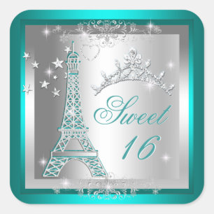 Sweet 16 Sweet Sixteen Teal Tiara Eiffeltoren Vierkante Sticker
