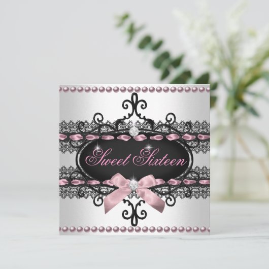 Sweet 16 Sweet Sixteen White Pink Black Lace Pearl Kaart (Staand voorkant)