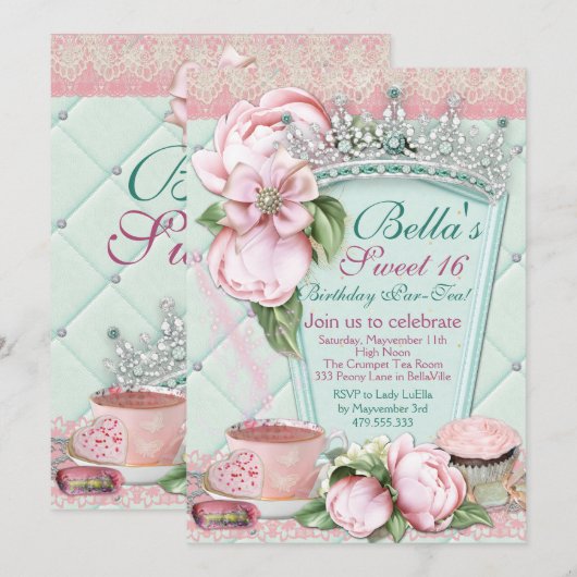 Sweet 16 Tea Party uitnodiging (Voorkant / Achterkant)