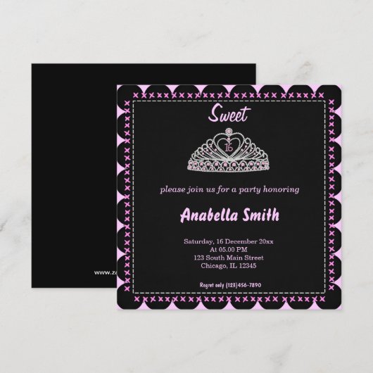 Sweet 16 tiara kaart (Voorkant / Achterkant)