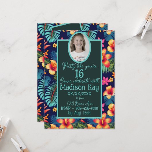 Sweet 16 Tropical Collage Hibiscus Deep Blue Kaart (Voorkant / Achterkant in situ)