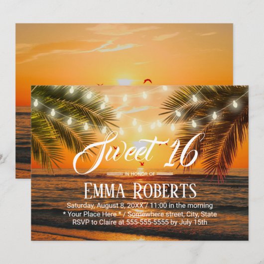 Sweet 16 Tropical Sunset Beach String Lights Kaart (Voorkant / Achterkant)