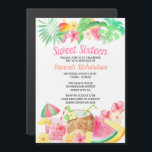 Sweet 16 Tropisch Verjaardagsfeest Hawaïaans Thema Magnetische Uitnodiging<br><div class="desc">Magnetische uitnodigingen voor uw Sweet 16 Tropical Birthday Party. Dit waterverf ontwerp heeft een Hawaïaans themafeest gaande, compleet met kokoskoeler en melonade! Er zijn ook tropische feestversieringen van ijsjes, bananenbladeren en cocktailparaplu's, maar ook hibiscus, monstera, palmblad en tropische bloemen. Deze tropische verjaardagsuitnodiging kan volledig worden aangepast en zal een traktatie...</div>