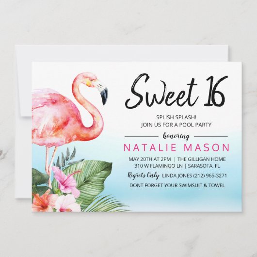 Sweet 16 Tropisch Zwembad Party Verjaardag uitnodi Kaart (Voorkant)