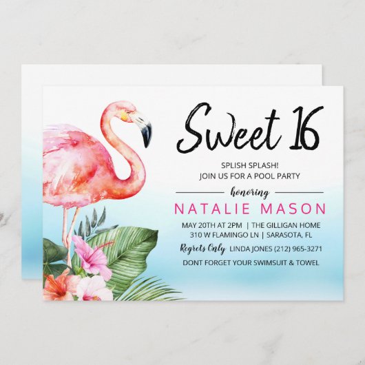 Sweet 16 Tropisch Zwembad Party Verjaardag uitnodi Kaart (Voorkant / Achterkant)