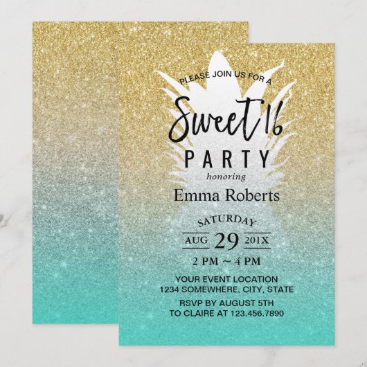 Sweet 16 Tropische ananas Modern Gold Glitter Kaart (Voorkant / Achterkant)