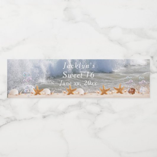 Sweet 16 Tropische Strand Zeeschelpen Golven Waterfles Etiket (Enkel label)