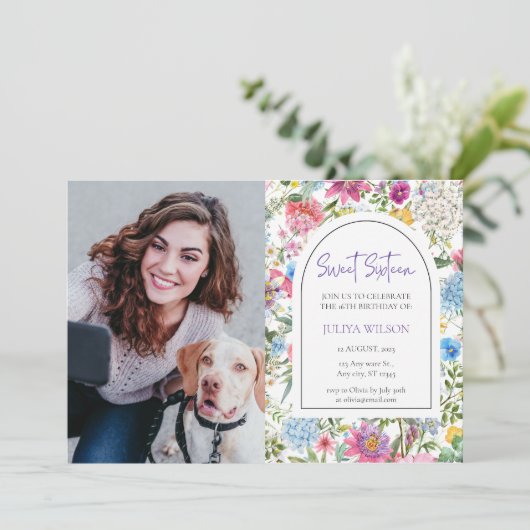 Sweet 16 tuin wilde bloemen script kaart (Staand voorkant)