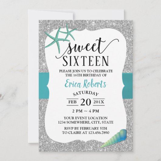 Sweet 16 Turquoise Beach Starfish Modern Silver Kaart (Voorkant)