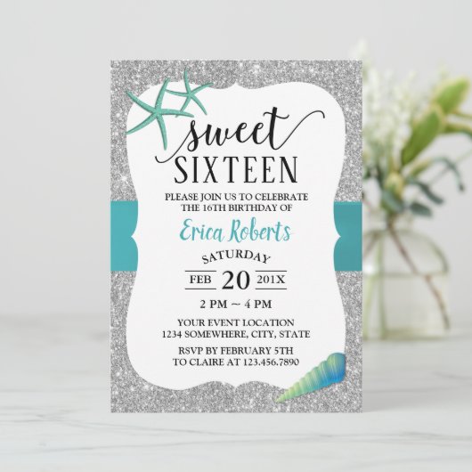 Sweet 16 Turquoise Beach Starfish Modern Silver Kaart (Staand voorkant)