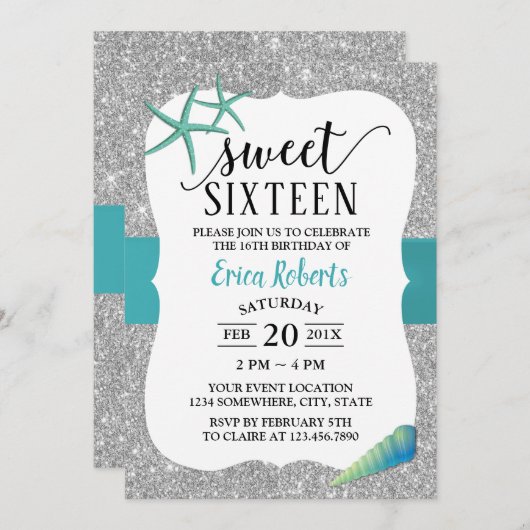 Sweet 16 Turquoise Beach Starfish Modern Silver Kaart (Voorkant / Achterkant)