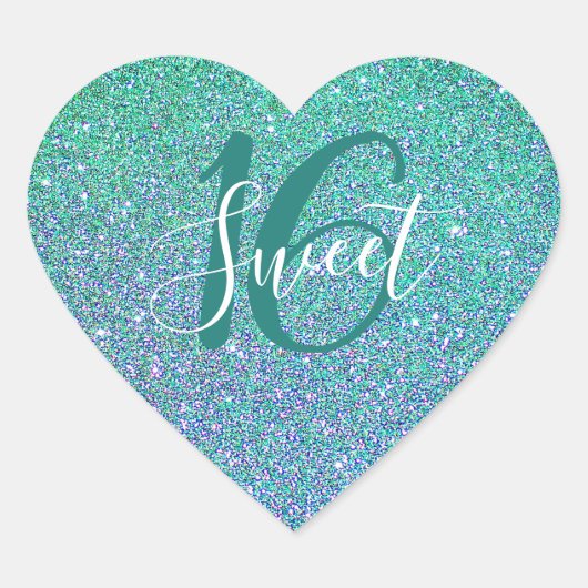 Sweet 16 Turquoise Blauw Glitter Verjaardag Hart Sticker (Voorkant)