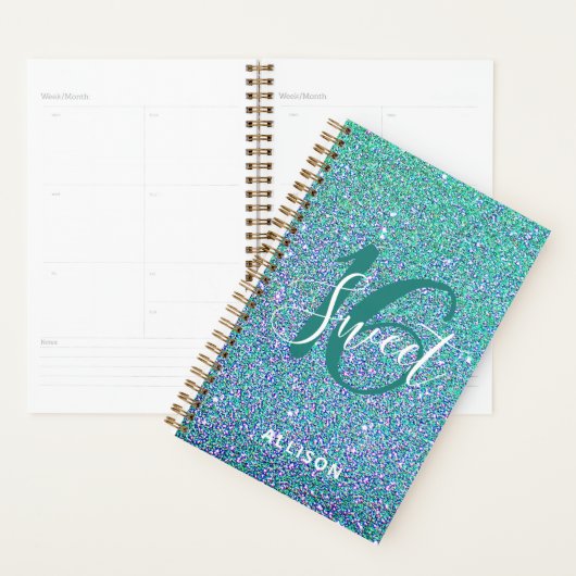 Sweet 16 Turquoise Blue Glitter Girl Personalized  Planner (Display)