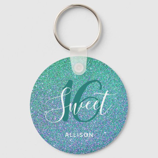 Sweet 16 Turquoise Blue Glitter Personalized Sleutelhanger (Voorkant)