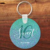 Sweet 16 Turquoise Blue Glitter Personalized Sleutelhanger (Voorkant)