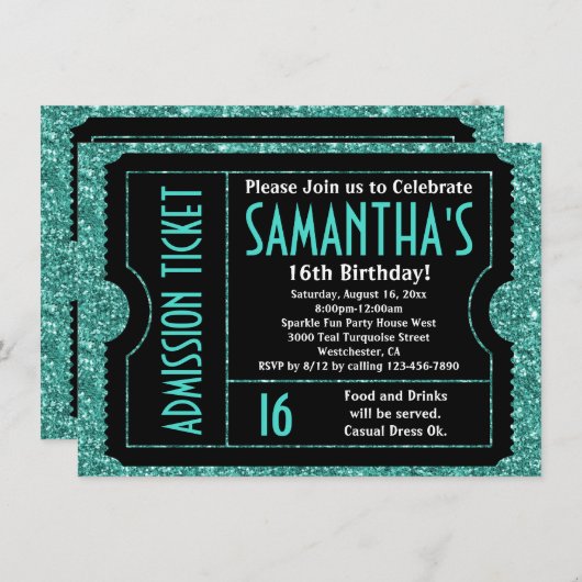 Sweet 16 Turquoise Blue Sparkle Ticket Kaart (Voorkant / Achterkant)
