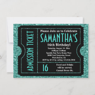 Sweet 16 Turquoise Blue Sparkle Ticket Kaart