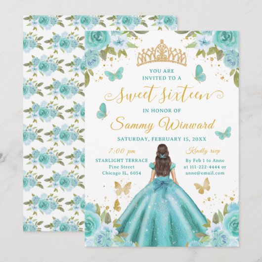 Sweet 16 Turquoise Princess Brunette Girl Kaart (Voorkant / Achterkant)