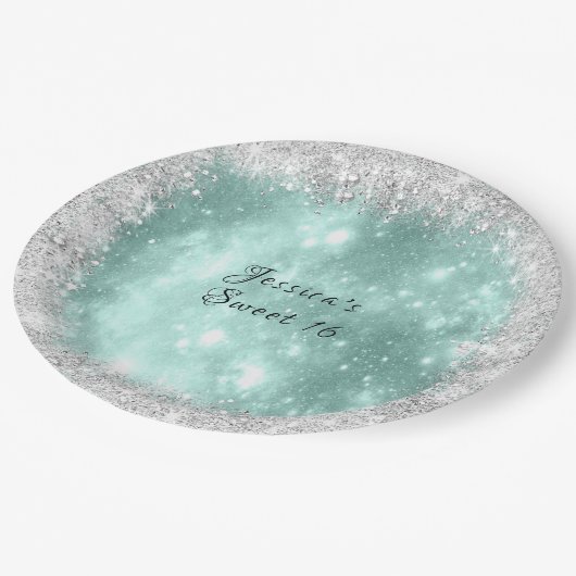 Sweet 16  Turquoise Sparkle, zilver Glitter Papieren Bordje (Gekanteld)