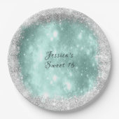 Sweet 16  Turquoise Sparkle, zilver Glitter Papieren Bordje (Voorkant)