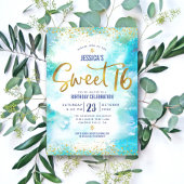 Sweet 16 Turquoise Waterverf Gold Girly Birthday Kaart