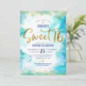 Sweet 16 Turquoise Waterverf Gold Girly Birthday Kaart (Staand voorkant)