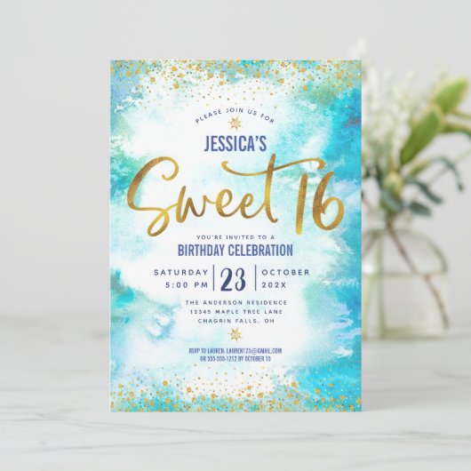 Sweet 16 Turquoise Waterverf Gold Girly Birthday Kaart (Staand voorkant)