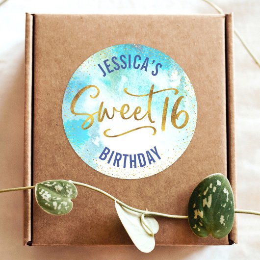 Sweet 16 Turquoise Waterverf Goud Script Verjaarda Ronde Sticker