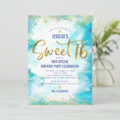 Sweet 16 Turquoise Waterverf Gouden Verjaardag Mod Kaart (Staand voorkant)