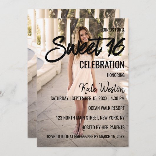 Sweet 16 Uitnodiging Aangepaste foto sjabloon ontw (Voorkant / Achterkant)