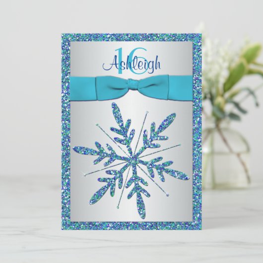 Sweet 16 Uitnodiging | AFGEDRUKTE BOW | Snowflake  (Staand voorkant)