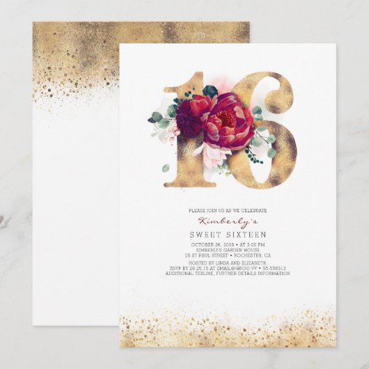 Sweet 16 Uitnodiging Bourgogne Rood en Goud (Voorkant / Achterkant)